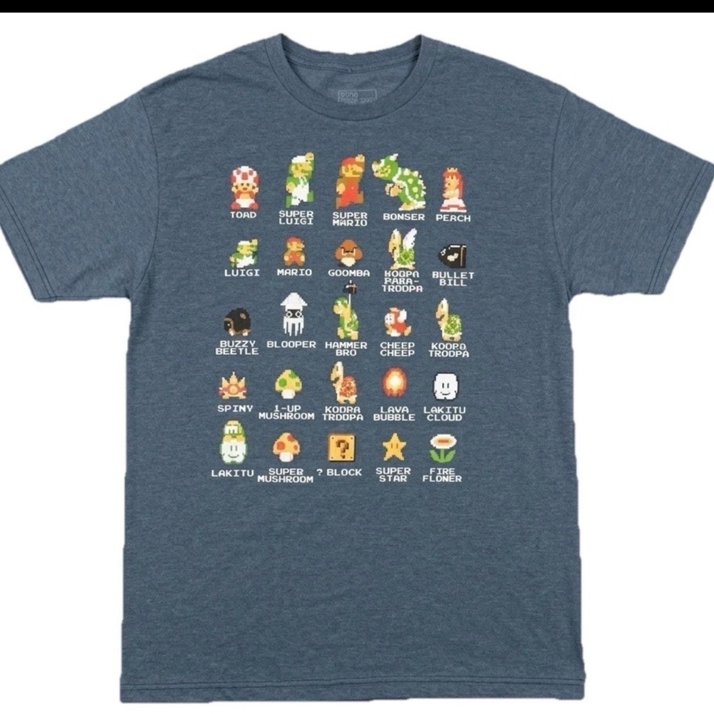 Nintendo Super Mario Bros 8-Bit Character Sprite Chart T-Shirt Men's Large Blue